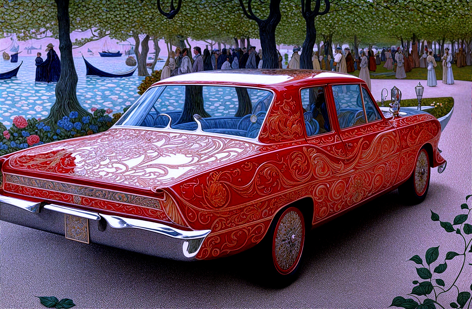 Vibrant Red Car with Patterns in Scenic Park Setting