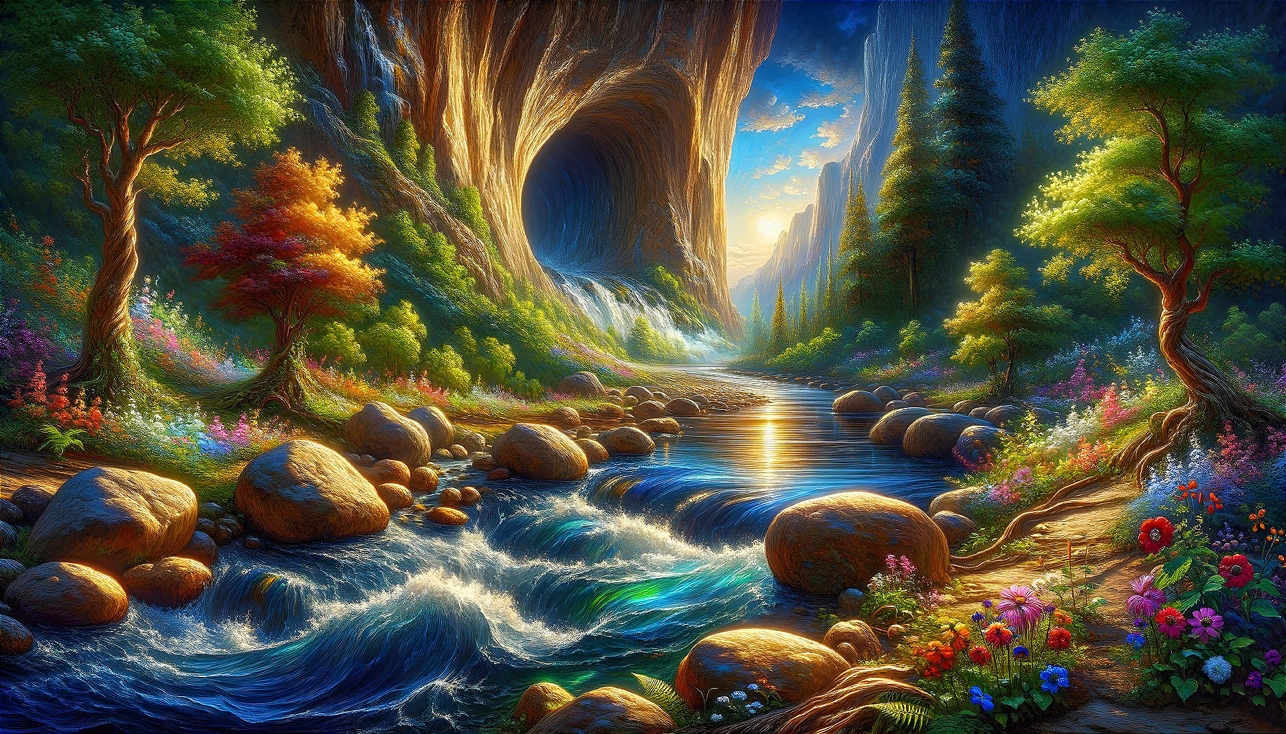 Colorful Fantasy Landscape: River, Sunlit Forest, Rock Formation