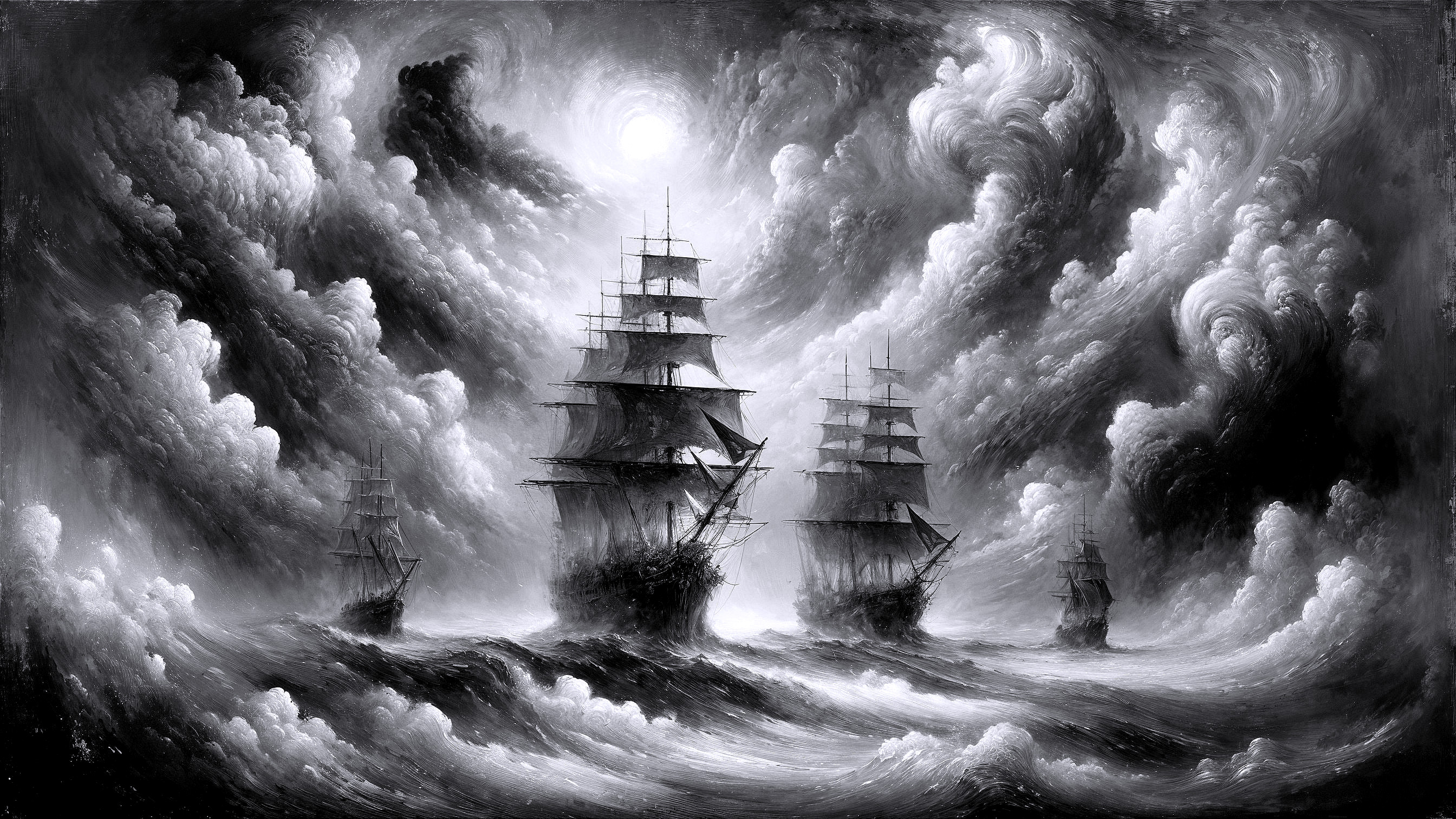 Grayscale Seascape with Tall Ships and Stormy Waves