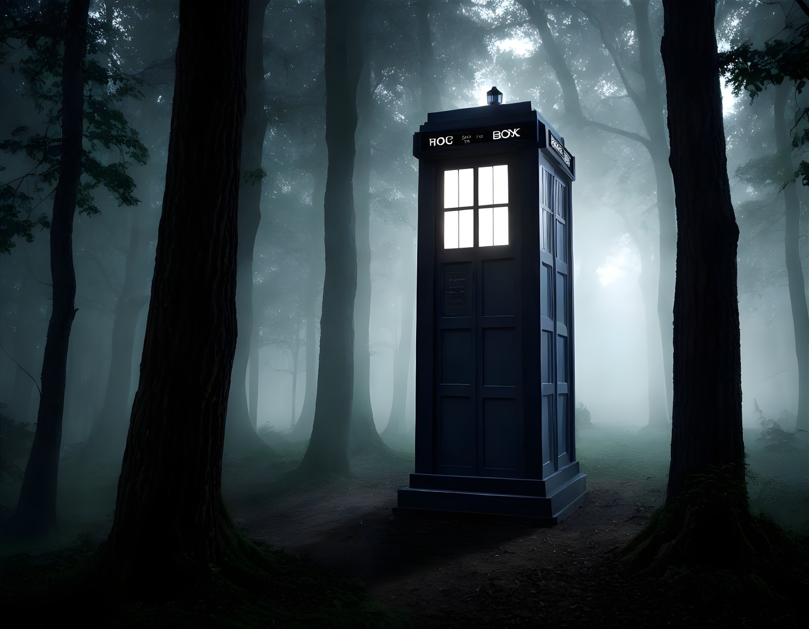 Blue Police Box in Foggy Forest with Tall Trees