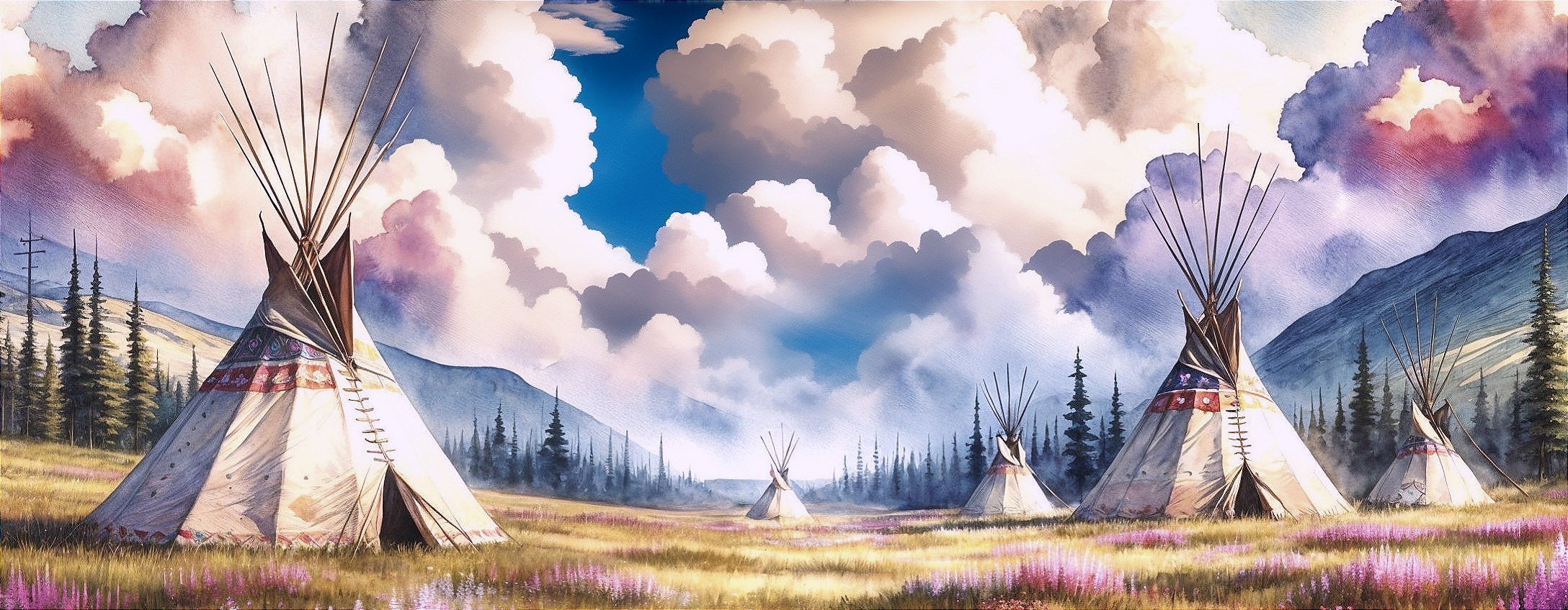 Traditional Tipis in a Serene Landscape with Hills