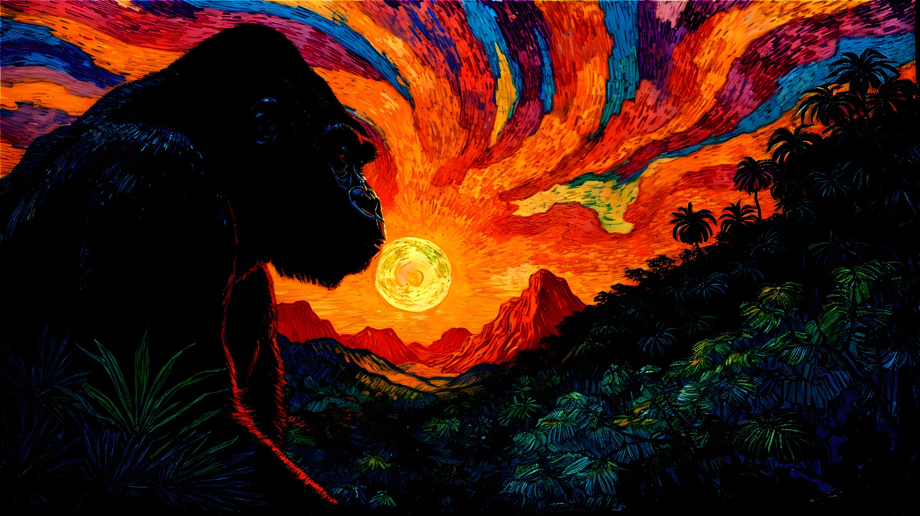 Tropical Sunset with Gorilla Silhouette and Mountains