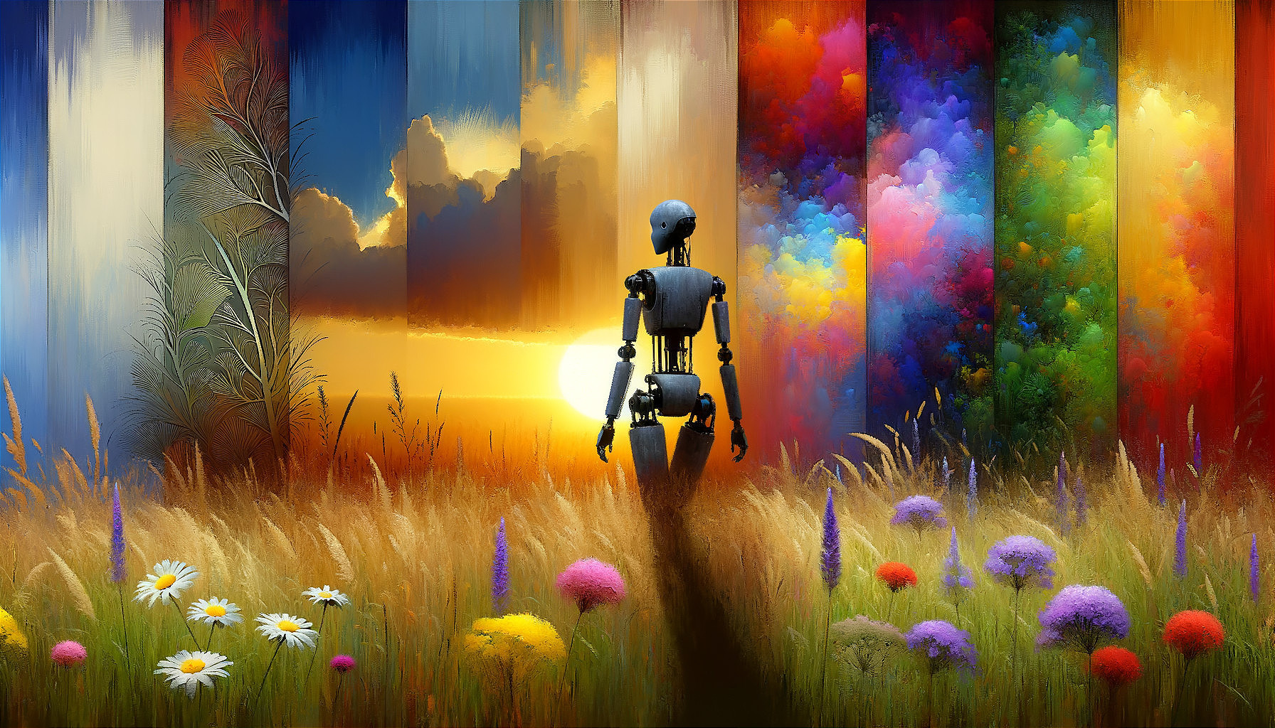 Robot in Vibrant Landscape with Sunset and Flowers