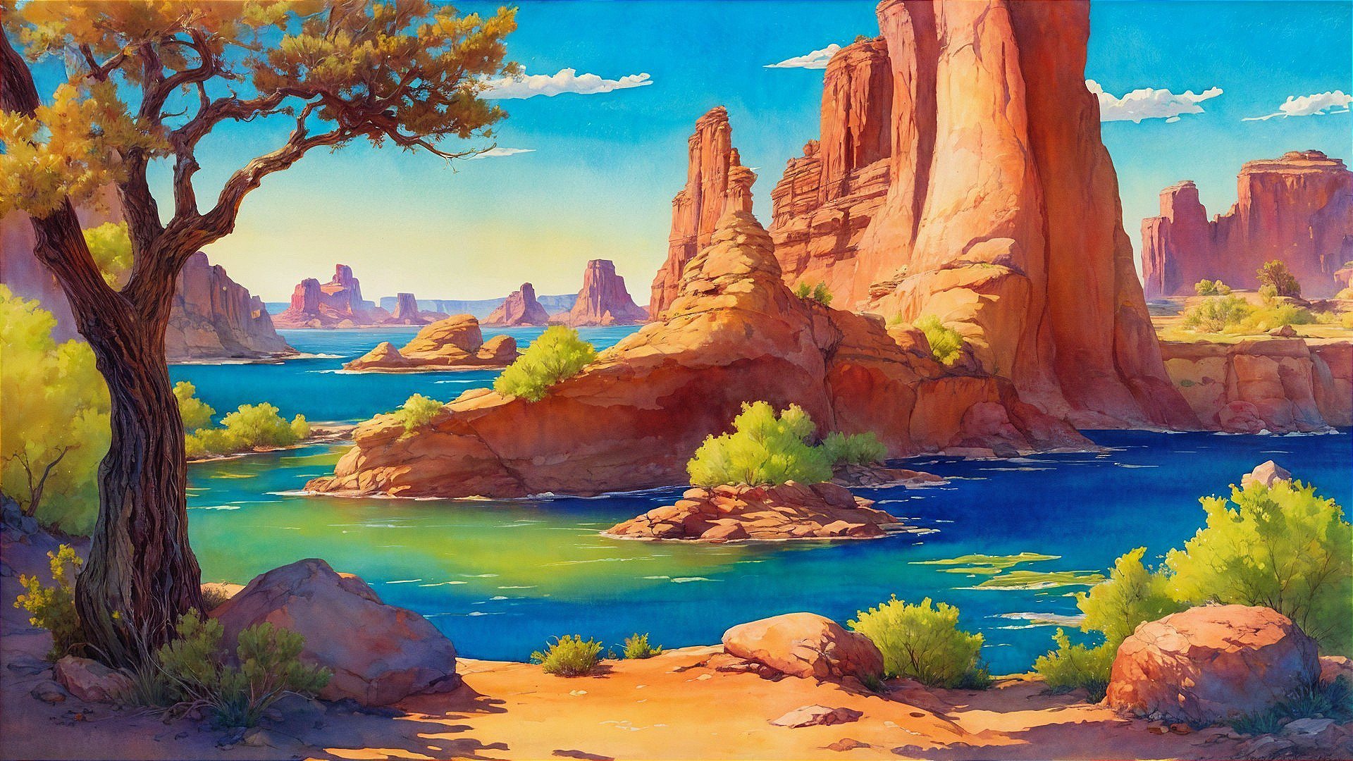 Vibrant Desert Landscape with Red Rocks and Blue Lake