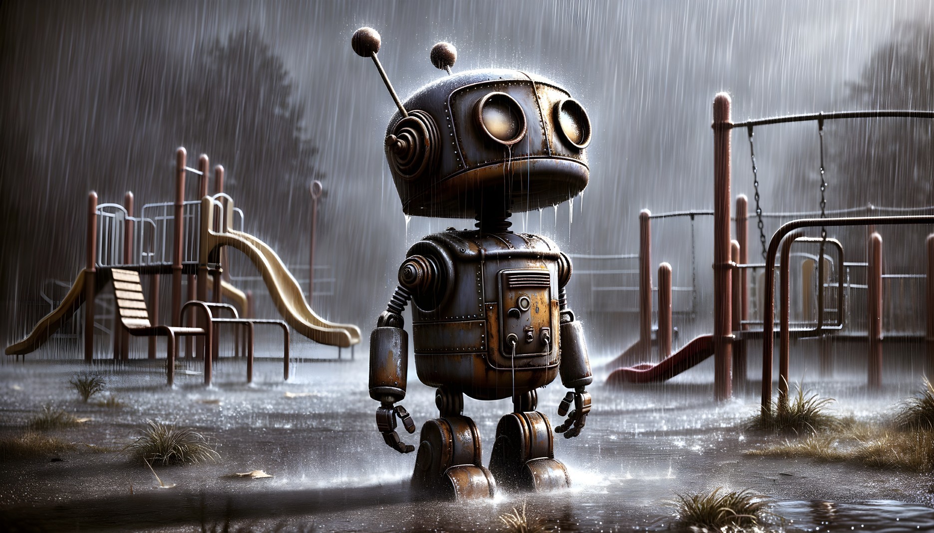 Robot in Rain at Abandoned Playground with Puddles