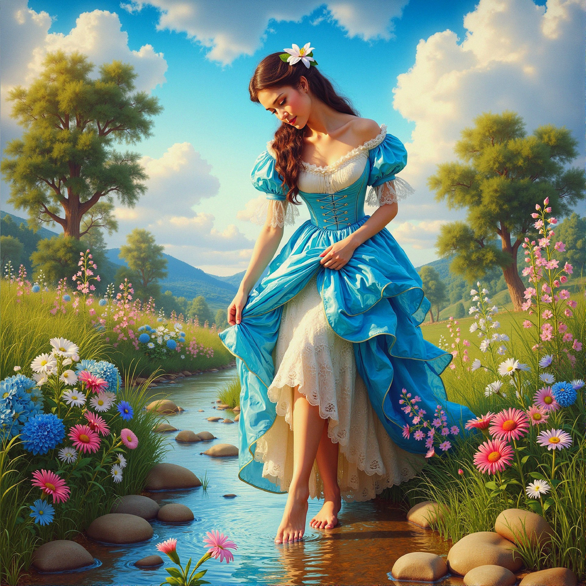 Young Woman in Blue Dress by Sparkling Stream