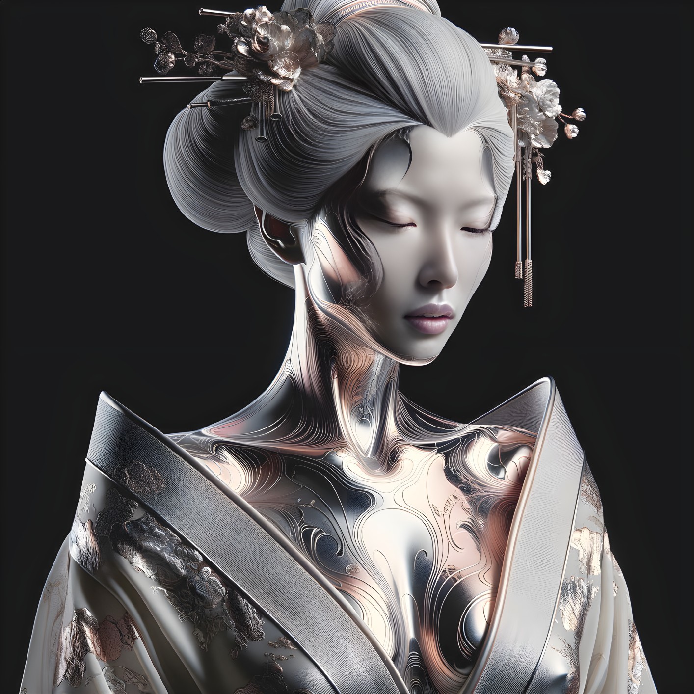Futuristic figure with metallic surface and floral hairpieces