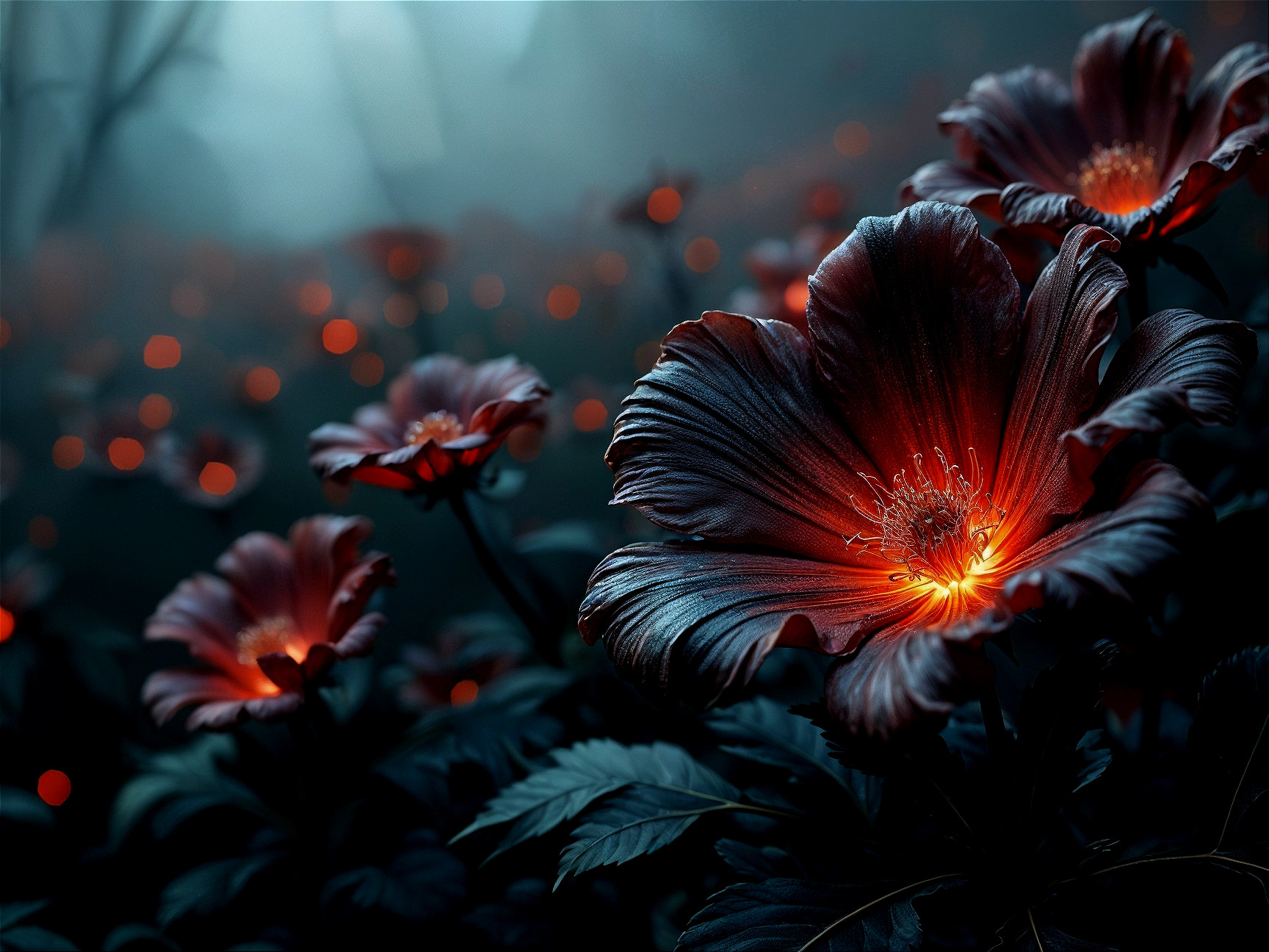 Dark Vivid Flowers in a Dreamlike Twilight Forest