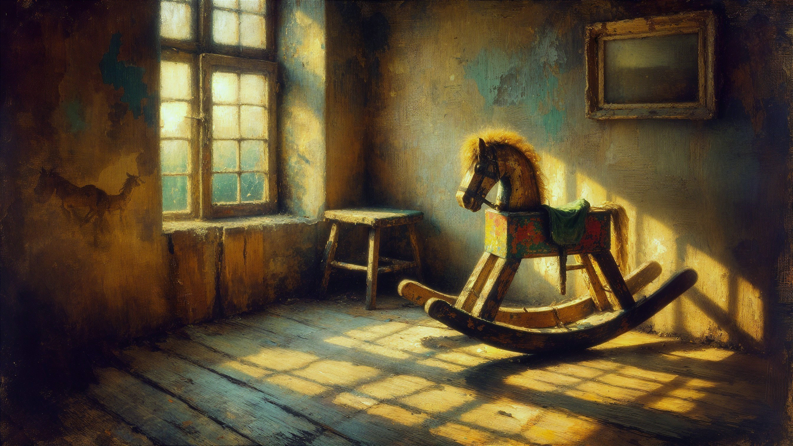 Serene Interior with Wooden Rocking Horse and Sunlight