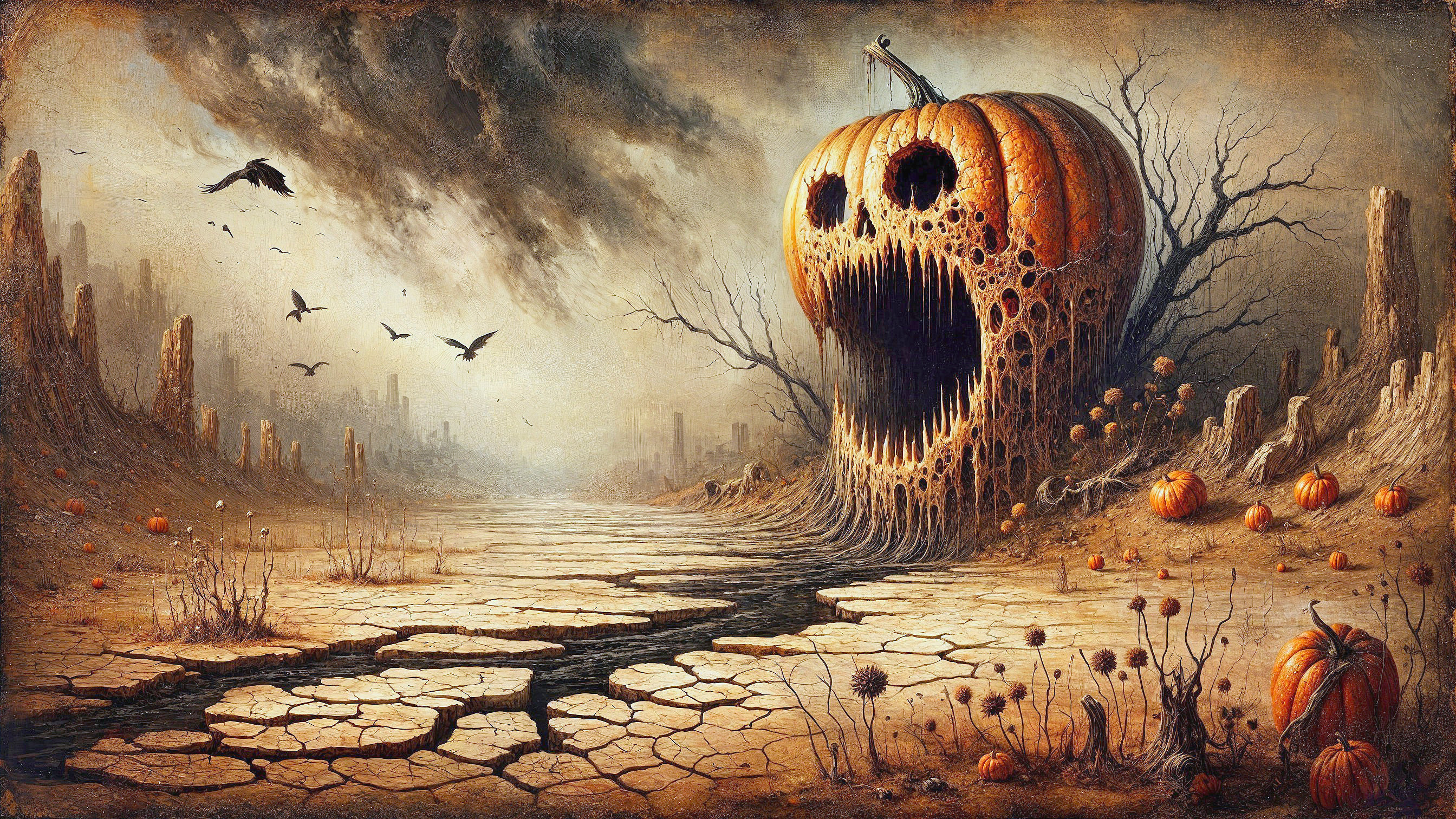 Surreal Landscape with Hollow Pumpkin and Dark Clouds