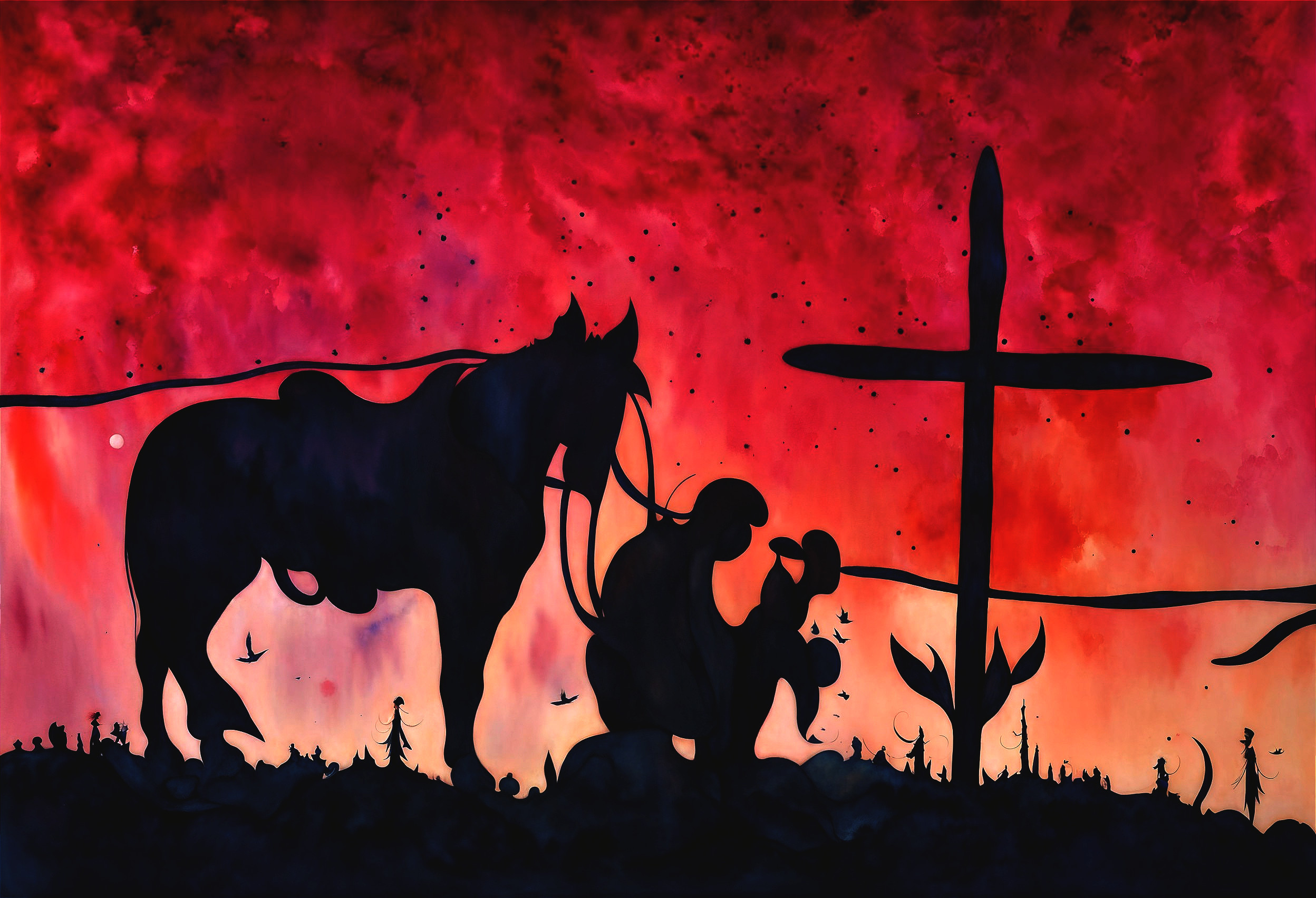 Silhouette of Horse and Figures at Colorful Sunset