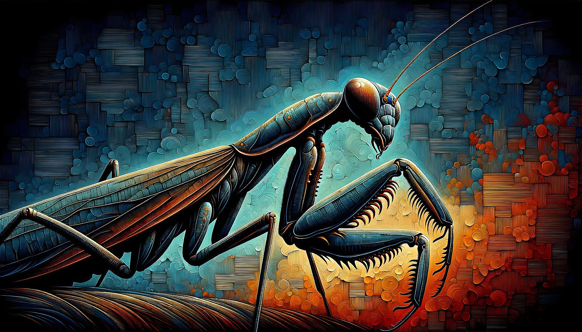 Stylized Digital Artwork of a Praying Mantis