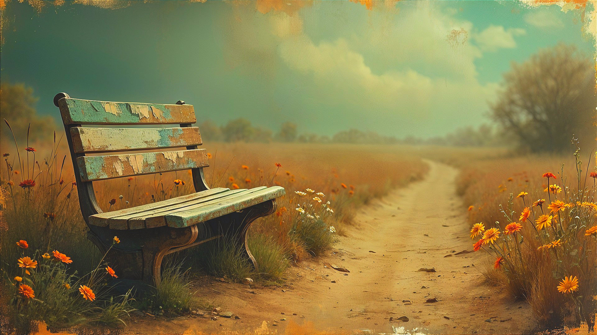 Weathered Wooden Bench in a Vibrant Wildflower Field