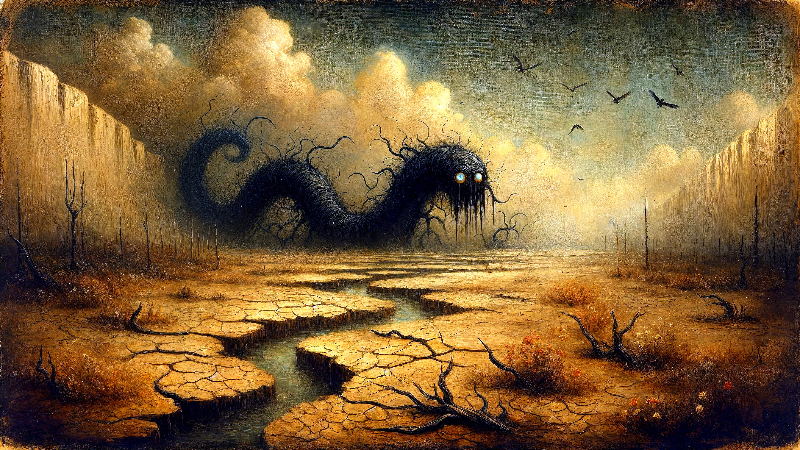 Surreal Creature in a Barren Landscape with Dark Tendrils