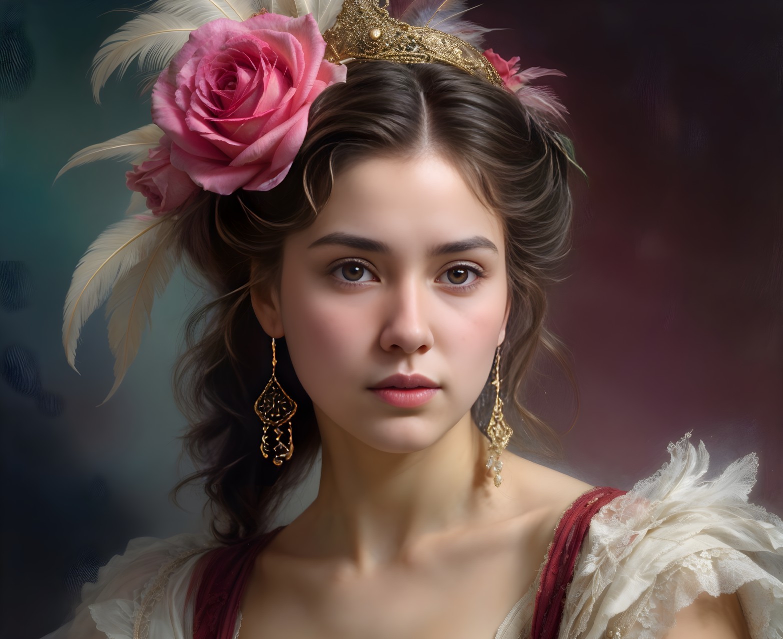 Young woman in crown of roses and elegant dress