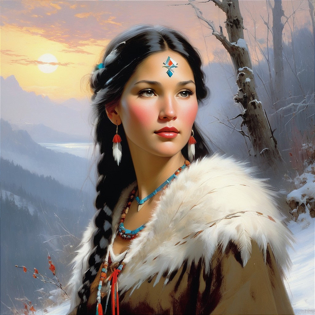 Young woman in fur cloak amid winter sunset scenery