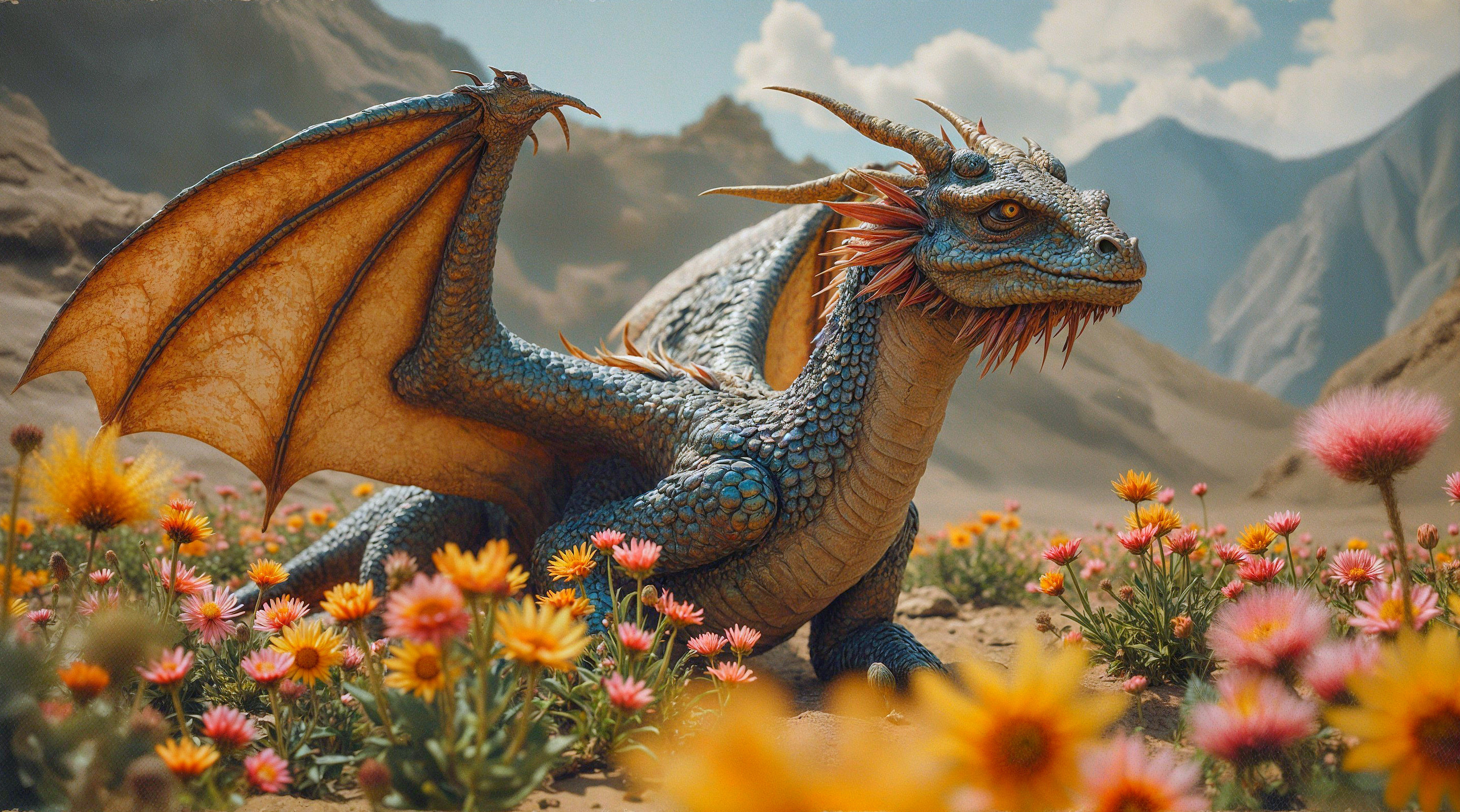 Majestic dragon with blue scales in a flower field