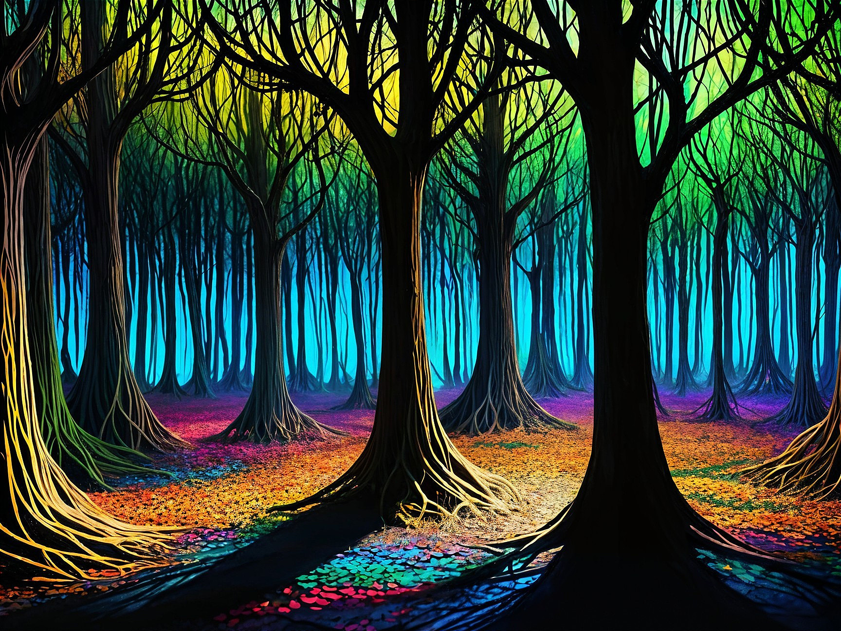 Vibrant Forest Scene with Colorful Canopy and Leaves