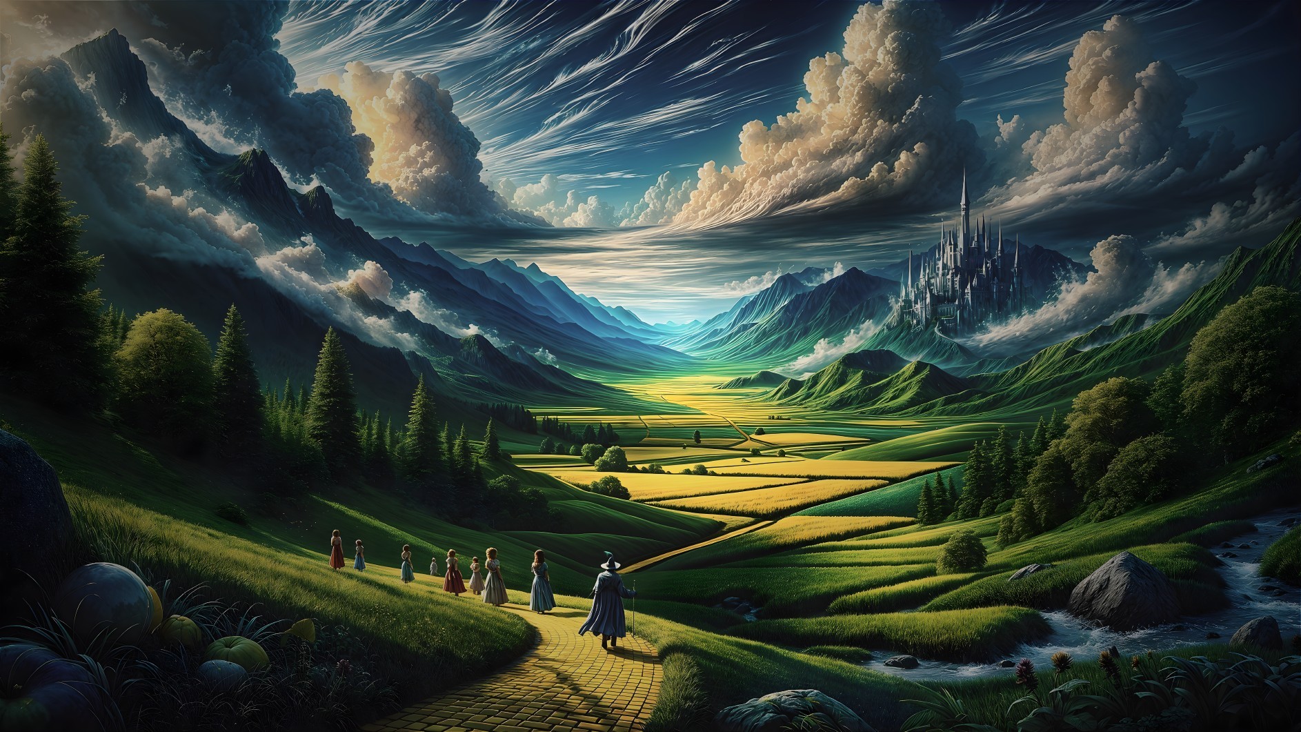 Winding Path Through Lush Hills and Majestic Castle