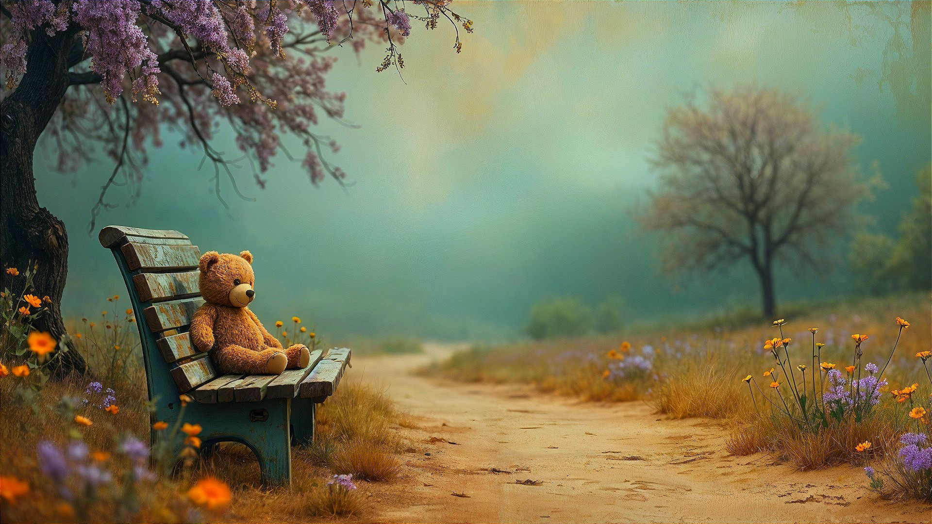 Misty Landscape with Bench and Teddy Bear Among Flowers