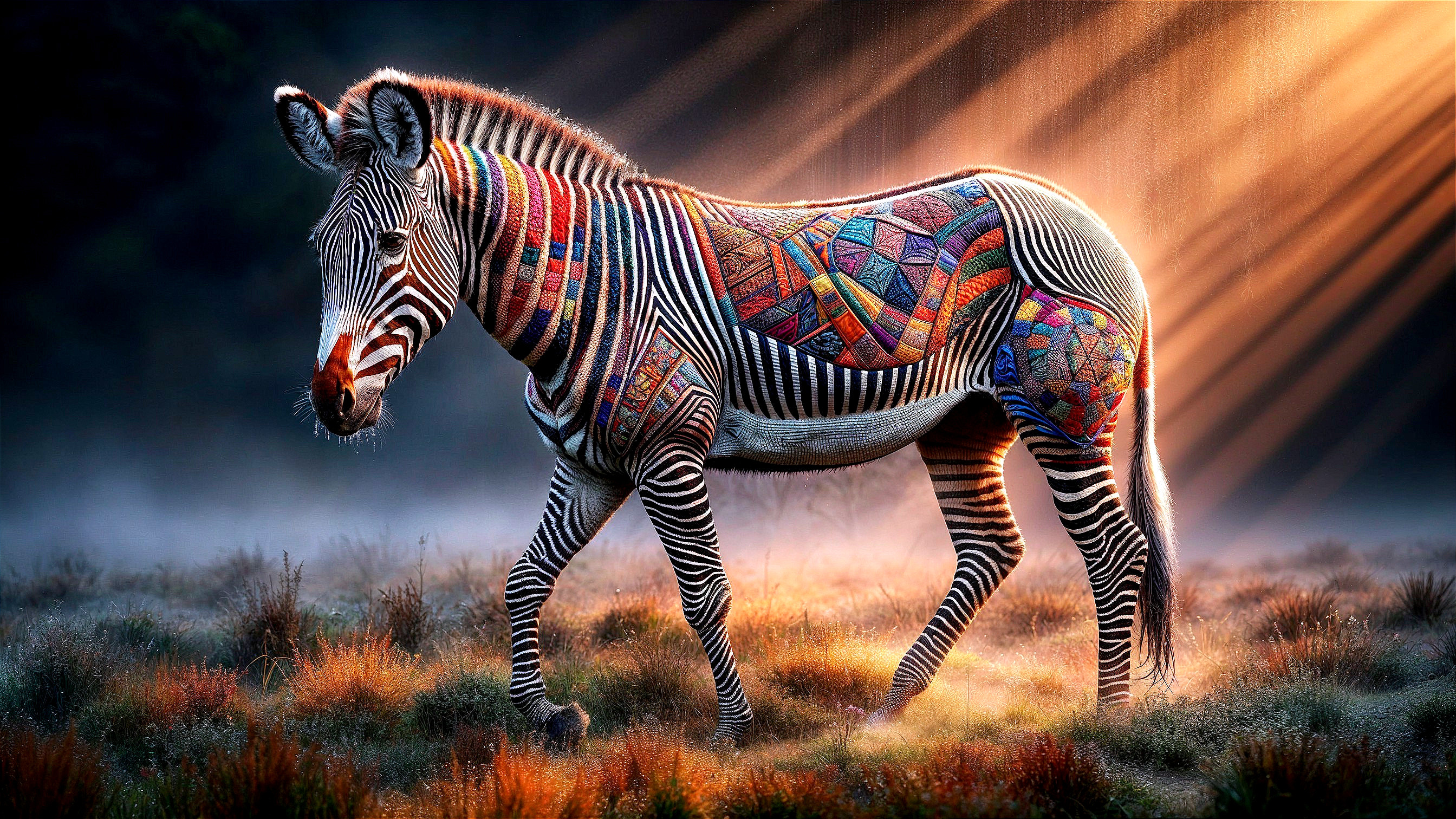 Surreal Zebra in a Misty Landscape with Geometric Patterns