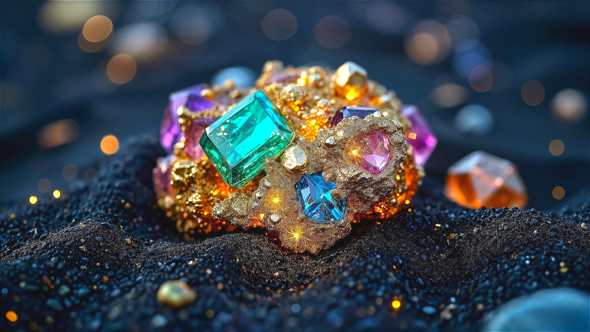 Colorful Gemstones in Golden Clusters on Dark Background