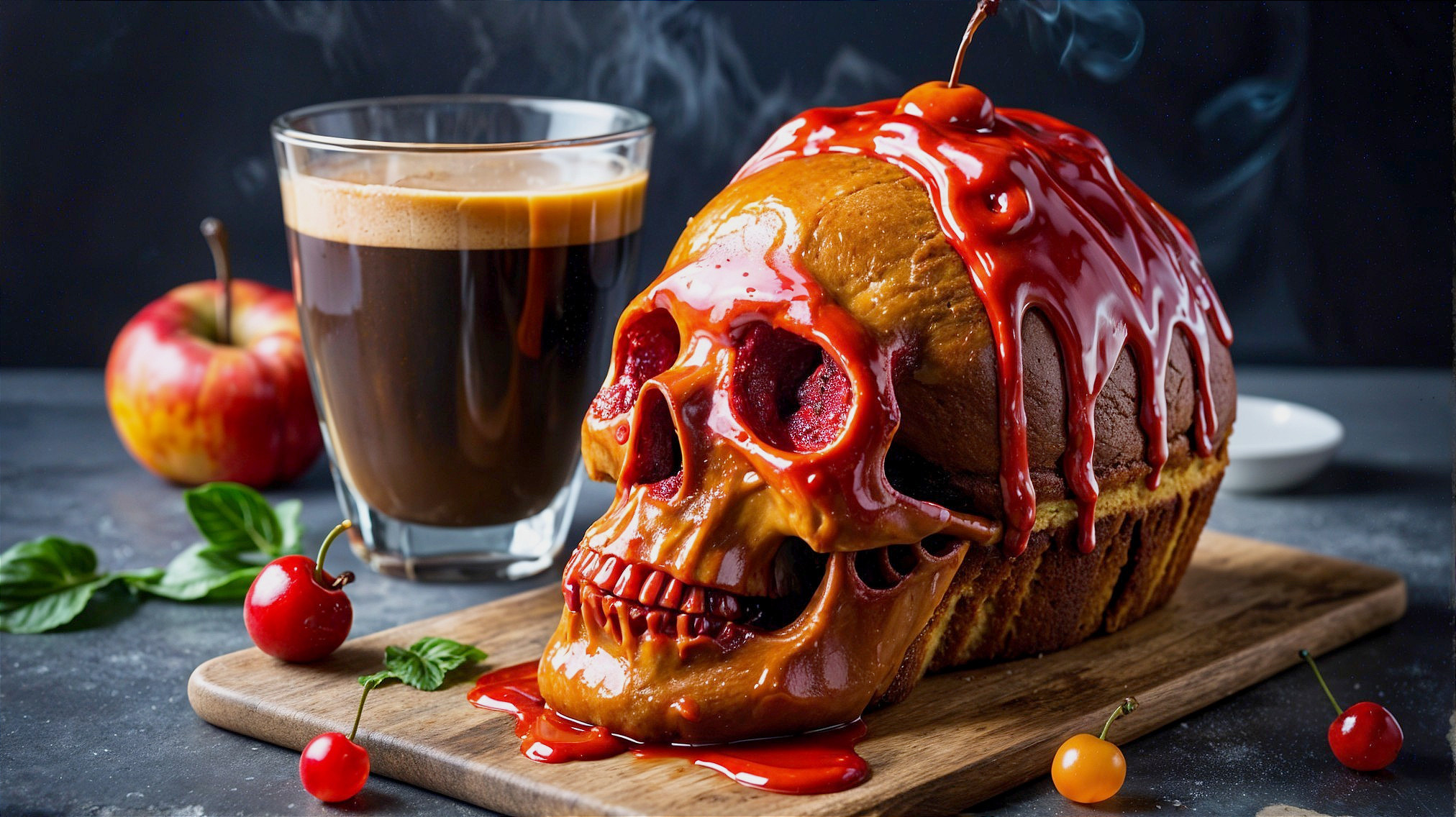 Skull-Shaped Cake with Red Glaze and Fresh Fruits