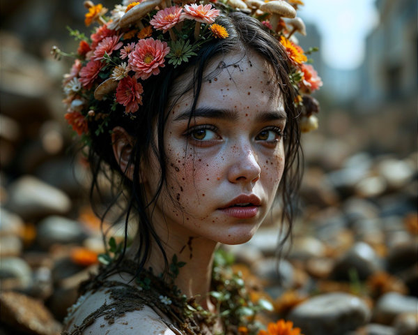 Young woman in rocky landscape with floral crown