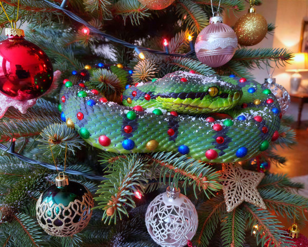 Green Snake Coiled on Christmas Tree Branch with Ornaments