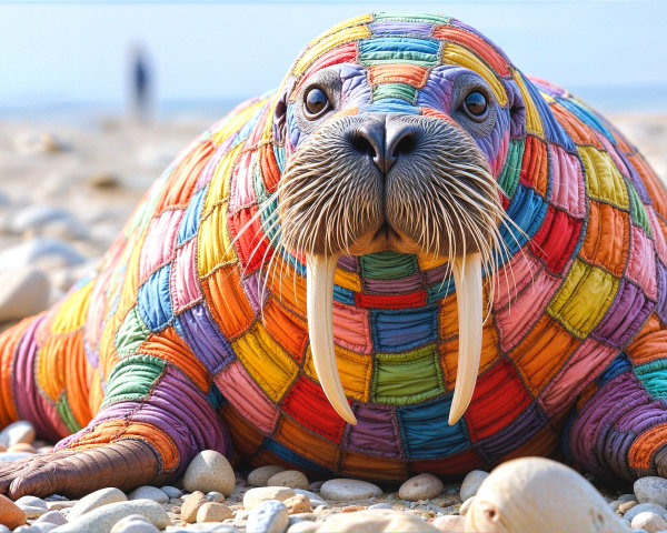 Vibrant Walrus on Beach with Colorful Pattern Design