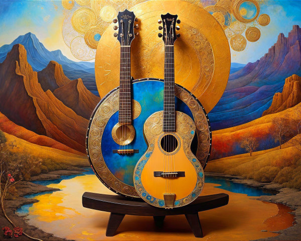 Artistic Display of Guitars with Vibrant Background