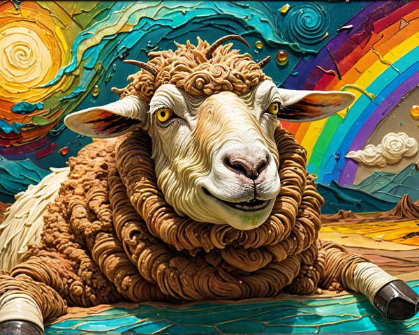 Whimsical Sheep in Colorful Landscape Artwork