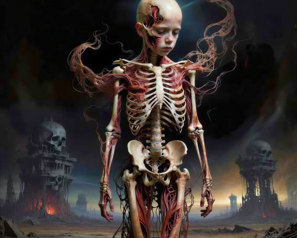 Skeletal Child Figure in Desolate Landscape Artwork