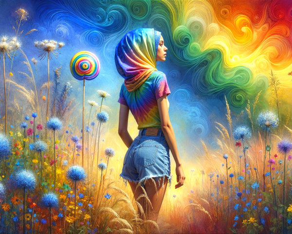 Young Woman in Tie-Dye Hoodie in Colorful Field