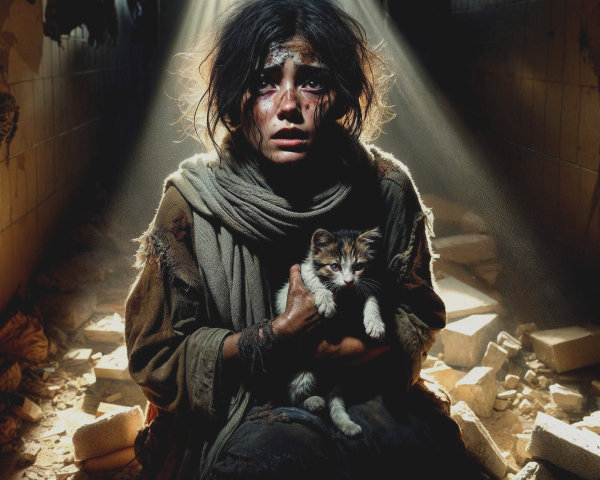 Child with kitten in a dim, crumbling space