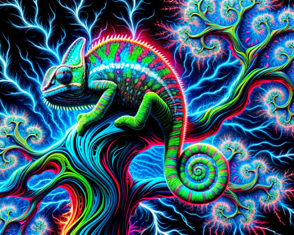 Chameleon on Colorful Tree with Fractal Patterns