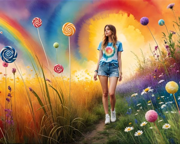 Young Woman in Colorful Landscape with Lollipops