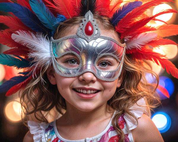 Young Girl in Colorful Mask with Festive Outfit