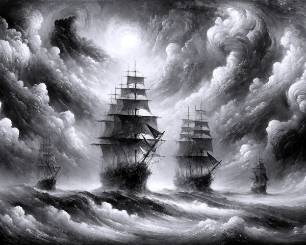 Grayscale Seascape with Tall Ships and Stormy Waves