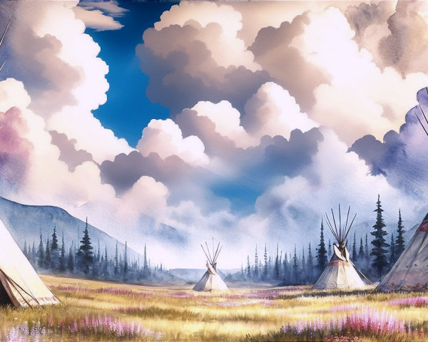 Traditional Tipis in a Serene Landscape with Hills