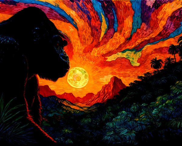 Tropical Sunset with Gorilla Silhouette and Mountains