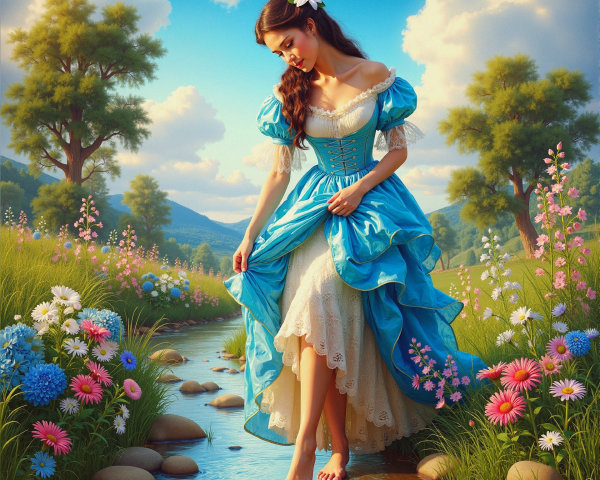 Young Woman in Blue Dress by Sparkling Stream
