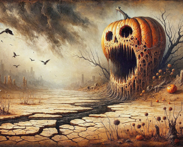 Surreal Landscape with Hollow Pumpkin and Dark Clouds