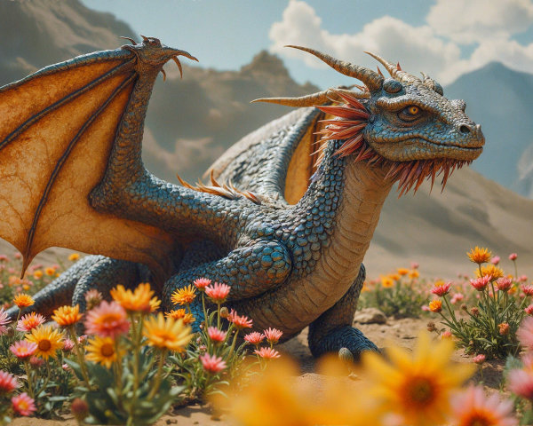 Majestic dragon with blue scales in a flower field