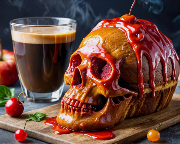 Skull-Shaped Cake with Red Glaze and Fresh Fruits