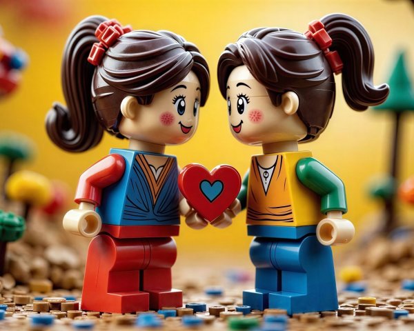 Lego mini-dolls exchanging hearts in playful pose