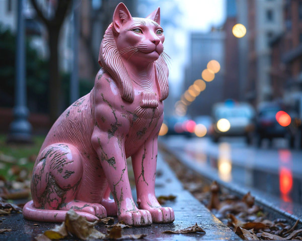 Large Pink Cat Statue in Urban Street Setting