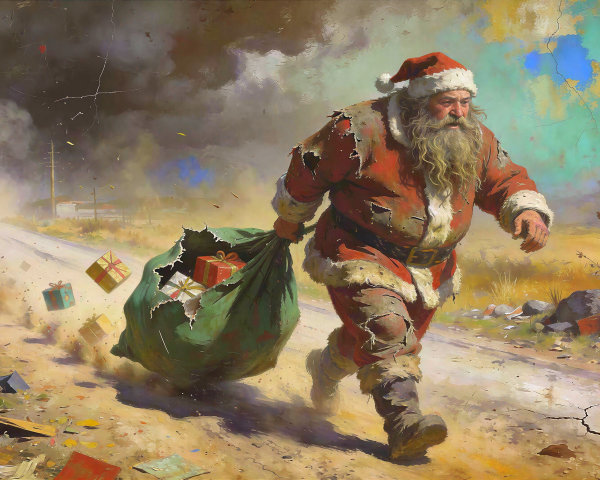 Dramatic Oil Painting of Disheveled Santa Claus