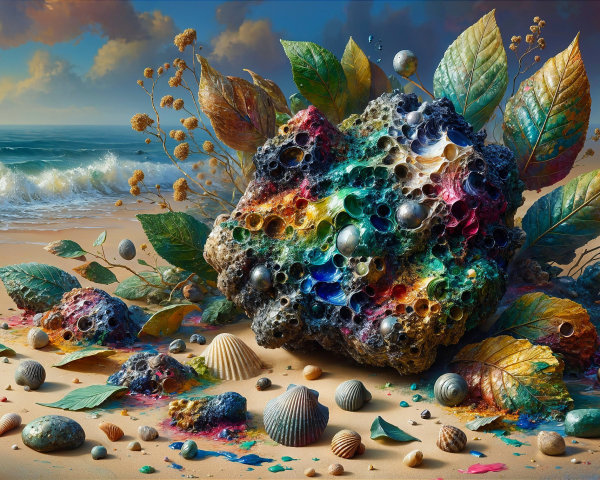 Surreal Beach Scene with Colorful Rock Formation