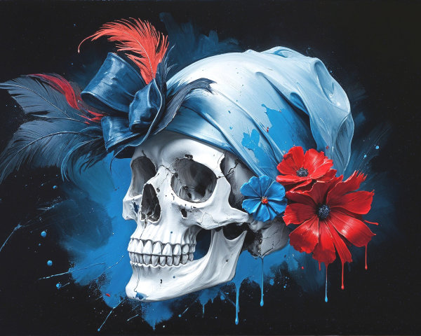 Human skull with blue scarf and vibrant flowers